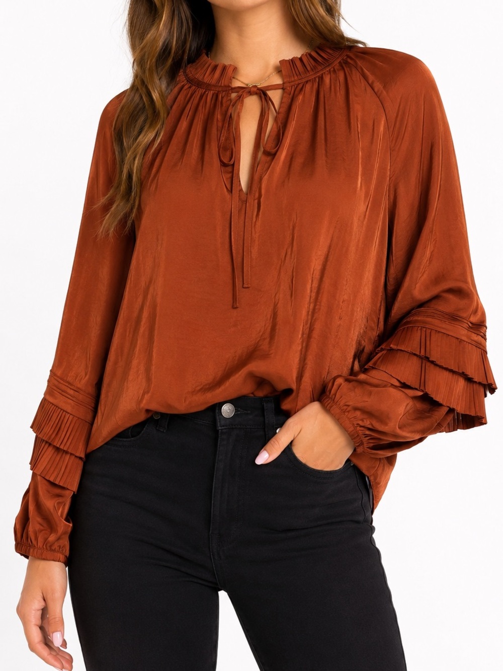 NWT Gibson Latimer Copper Satin Pleated Balloon Sleeve Blouse Large